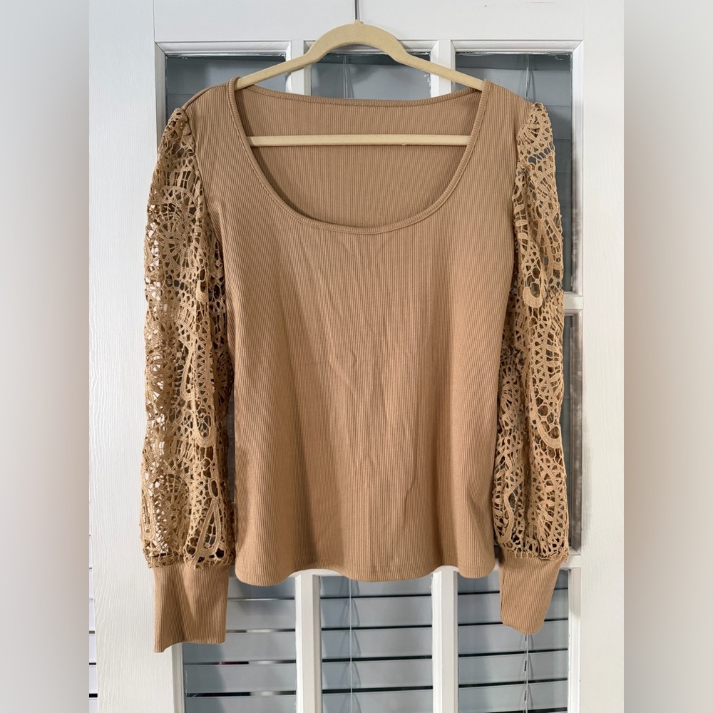 Shein Women’s XL Tan Long Sleeve Contrast Lace Lantern Sleeve Tee | SKU 0268